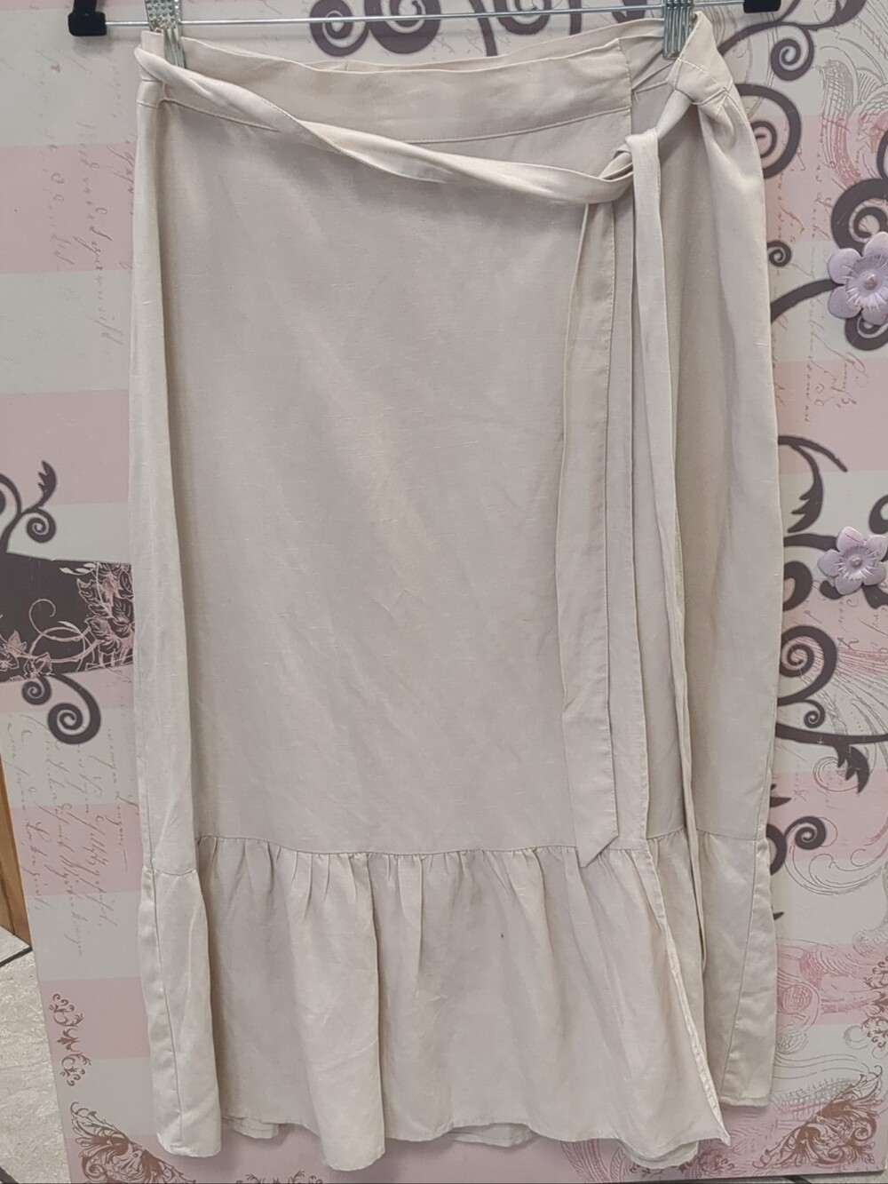 Women’s Cream Wrap Maxi Skirt with Ruffle Hem and Waist Tie